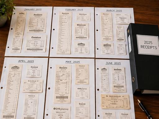 Organized receipts mounted on pages
