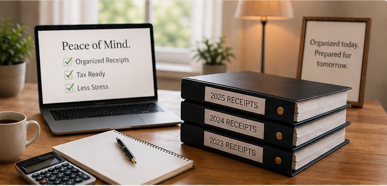 Organized workspace with binders and receipts